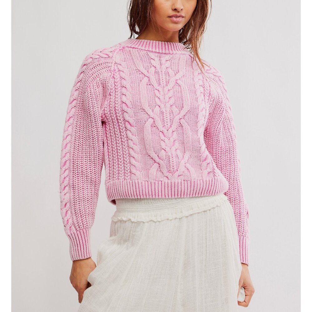 Free People Pink Cable Knit Crewneck Sweater